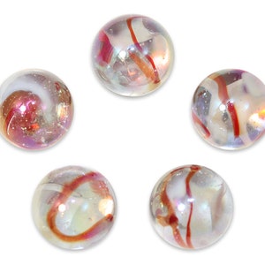 7/8&quot;-Mango Twist Marble 22mm Shooters Pk 5 Iridescent Clear Glass with Red/Orange & White Swirls Games Décor Yard Art Crafts Party Favors