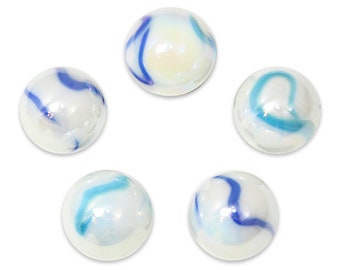 25mm Tiger Shark (1") Glass Marble Shooters - Pack of 5 Opaque White with Blue Swirls