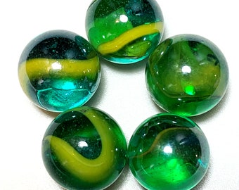 16mm "Iguana" Pk 5  Glass Marble Players (5/8th") Transparent Green Base w Yellow Swirls Iridescent Vacor 2004-2013 RETIRED