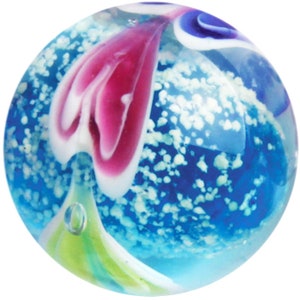 May include: A blue glass marble with white and pink swirls and white speckles throughout.