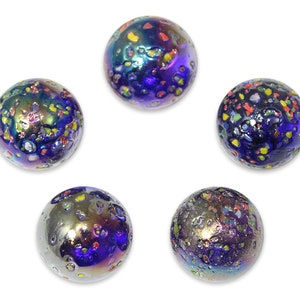 16mm (5/8") Glitterbomb Glass Player Marble Pack 5 Iridescent Violet-blue w Rainbow Colored Frit Vacor Decorating Games Crafts Art Work