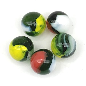 May include: Five colorful glass marbles with swirls of green, yellow, red, black, and white.