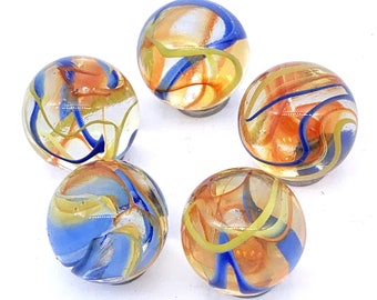 16mm "Fiesta" Glass Marble Players 5/8th" Pack of 5 House of Marbles Clear with Orange / Red, Blue, and Yellow Swirls Arts & Crafts Vacor