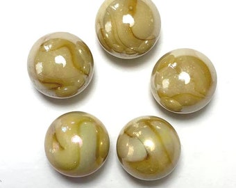 25mm "Davinci" 1 Inch Glass Marble Shooters - Pack of 5 Opaque Beige base w Opaque Light Brown Swirls Iridescent RARE! RETIRED!
