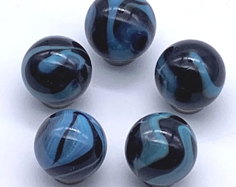 16mm (5/8th Inch) Samurai Glass Mega Marbles Players Pack of 5 Black with Turquoise Blue Swirls Retired Vacor Games Decor Art Jewelry Vacor