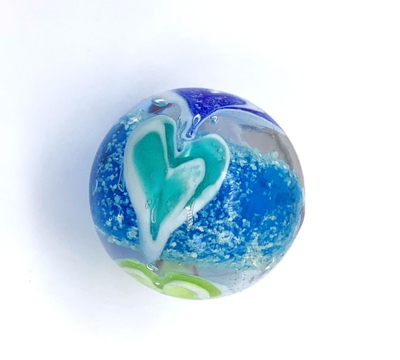22mm WAVE BREAKER Blue Hearts GLOW IN THE DARK Handmade art glass Marble 7/8" 