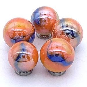 New for 2021! Supernova 16mm Mega Marbles Glass Players Pack of 5 Iridescent Opaque Orange Base with Blue and Yellow Swirls (5/8") Vacor