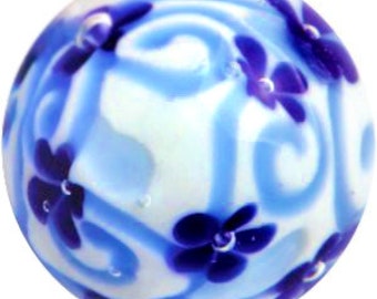 Mirabelle - 16mm (5/8 inch) Handmade Art Glass Marble w Stand Opaque White Base w/ Blue Flowers and Light Blue Swirls encased in Clear Shell