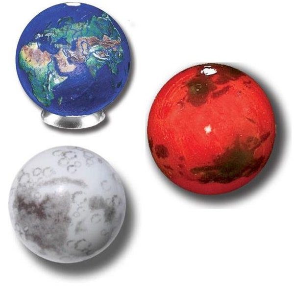 Mini Natural Earth, Mars & Moon Set of 3 Art Glass Marbles w Stands .5" (12mm) Geographically Accurate Land Masses, Polar Ice Caps, Craters