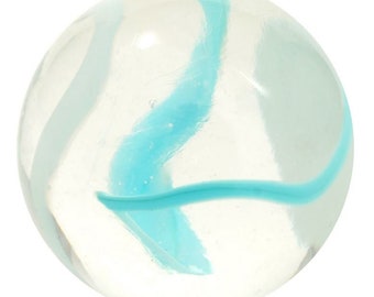 May include: A clear glass marble with a swirling blue and white pattern.