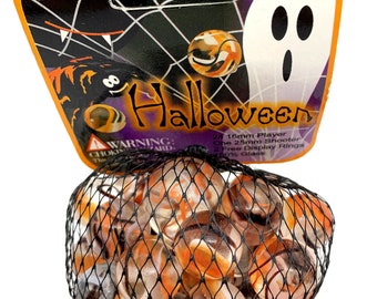 Net Bag of 25 "Halloween" Glass Mega Marbles by Vacor 24 Players and 1 Shooter Clear w Orange, Black, & White Swirls Retired! 2002 - 2004