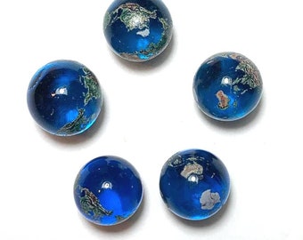 14mm Natural Earth Blue Glass Marbles Hand Applied Artglass Choice: Pk 5 or One Marble Transparent w Geographical Continents Recycled Crafs