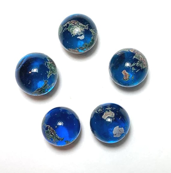 14mm Natural Earth Blue Glass Marbles Hand Applied Artglass Choice: Pk 5 or  One Marble Transparent W Geographical Continents Recycled Crafs 