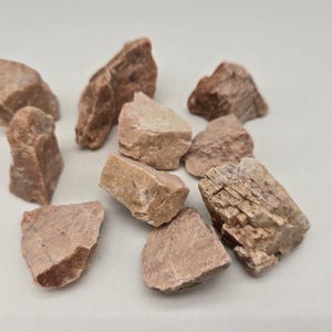 May include: A collection of rough-cut, reddish-brown stones of varying sizes. The stones have a natural, textured appearance, with some showing lighter and darker shades. The arrangement is scattered, showcasing the different shapes and surfaces of the rocks.