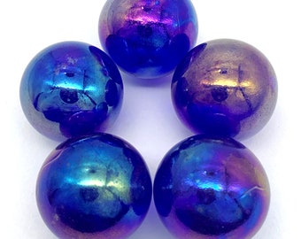25mm "Oily DC Dark Blue" Glass Shooter Diamond Crystal Mega Marbles (1") Pk of 5 Transparent Iridescent Rainbow Finish Vintage 1993