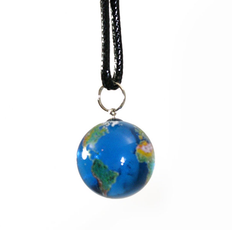 78 Inch Blue Recycled Glass Earth Orb w Black Waxed Cotton Cord Peace on Earth Marble Necklace