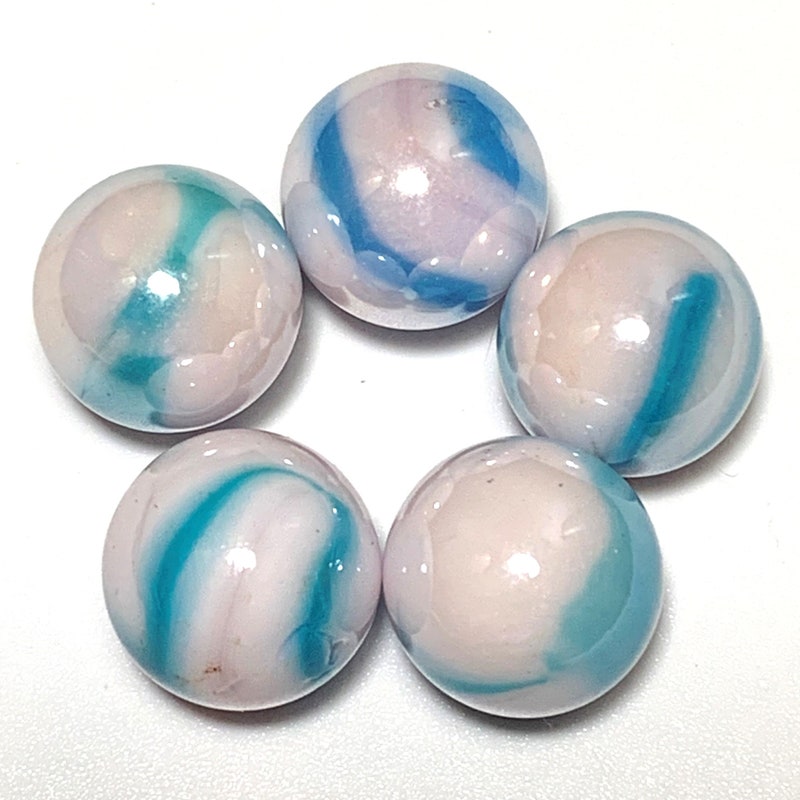 Original 16mm Jellyfish Glass Mega Marble Players (5/8th") Pk of 5 Opaque Pale Pink Base w Blue Swirls Iridescent Vacor RETIRED! Pre 2010