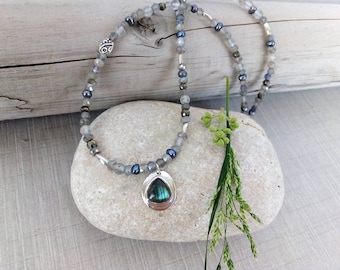Handmade Labradorite Pendant Necklace, Fine Silver, Baroque Pearl