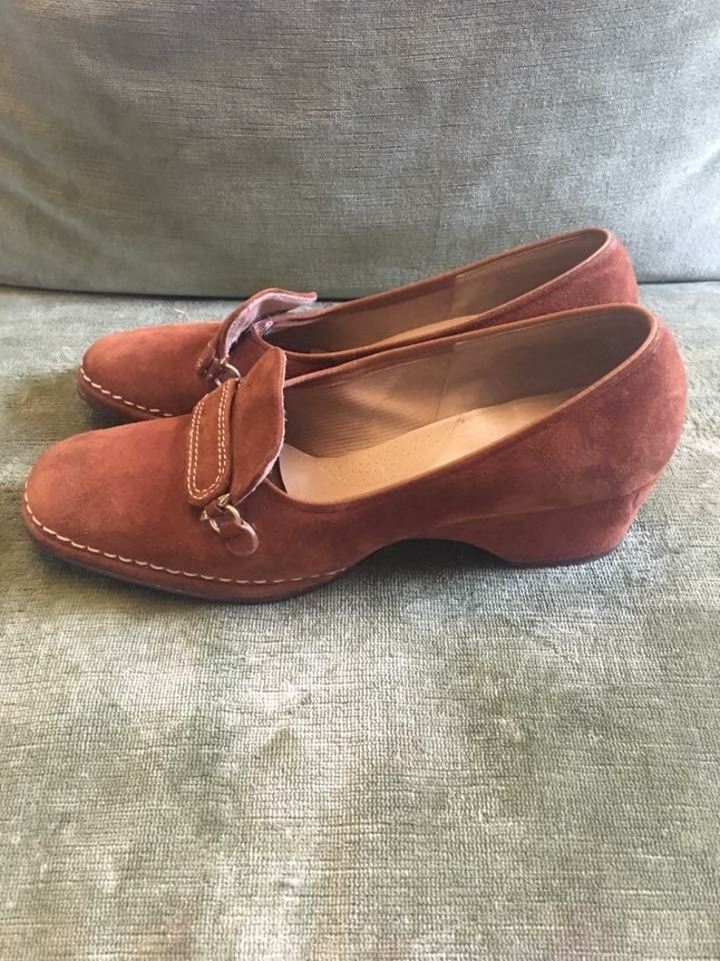 1970s Vintage Suede Leather Chocolate Brown White Thread Detail Loafer Wedges Shoes by Selby Fifth Avenue
