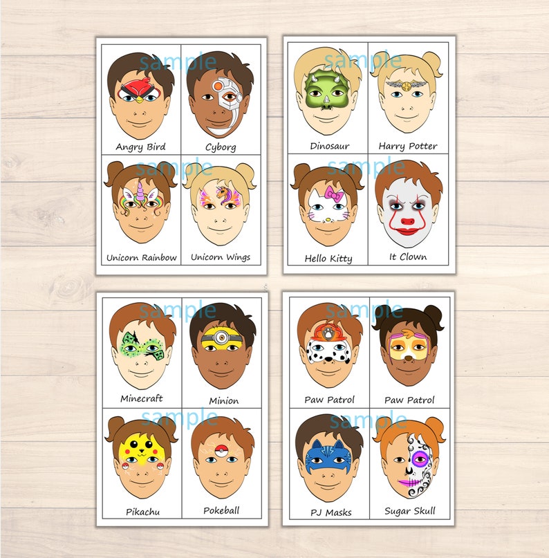 Face Painting Menu Board Choice Kids Paint Pack of 16 Trendy Full Face