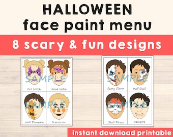 Face Paint Menu Printable Choice Cartoon Face Painting Designs - Pack of 8 Halloween Half Face or Partial Face Designs - Digital Download