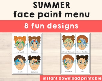 Face Paint Menu Printable Choice Cartoon Face Painting Designs - Pack of 8 Summer Half Face or Partial Face Designs - Digital Download