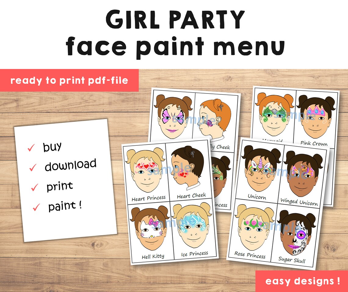 Face Painting Menu Board Girly Choice Kids Paint Pack of 16 Girl Face
