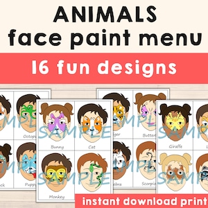 Gesichtsfarbe Menü Druckbare Auswahl Gesicht Malerei Designs - Pack von 16 Tieren volles Gesicht, Halbgesicht oder Teilgesicht Designs - Digitaler Download