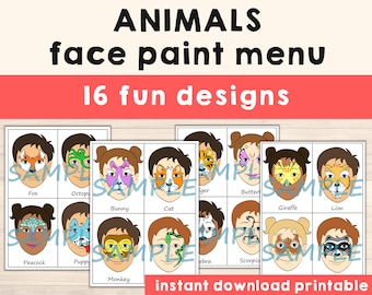 Face Paint Menu Printable Choice Face Painting Designs - Pack of 16 Animals Full Face, Half Face or Partial Face Designs - Digital Download