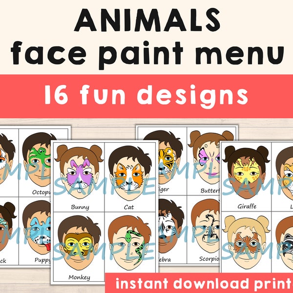 Face Paint Menu Printable Choice Face Painting Designs - Pack of 16 Animals Full Face, Half Face or Partial Face Designs - Digital Download