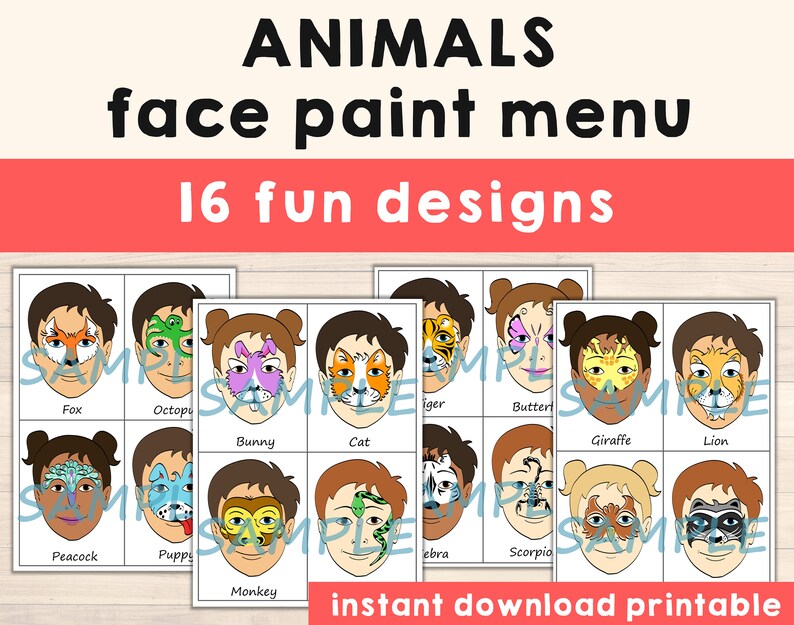 Face Paint Menu Printable Choice Face Painting Designs Pack - Etsy UK