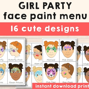 Gesichtsmalerei Menübrett Girly Choice Kinder Malen - 16Er Pack Mädchen Gesicht Designs - Digitaler Download druckbares Display