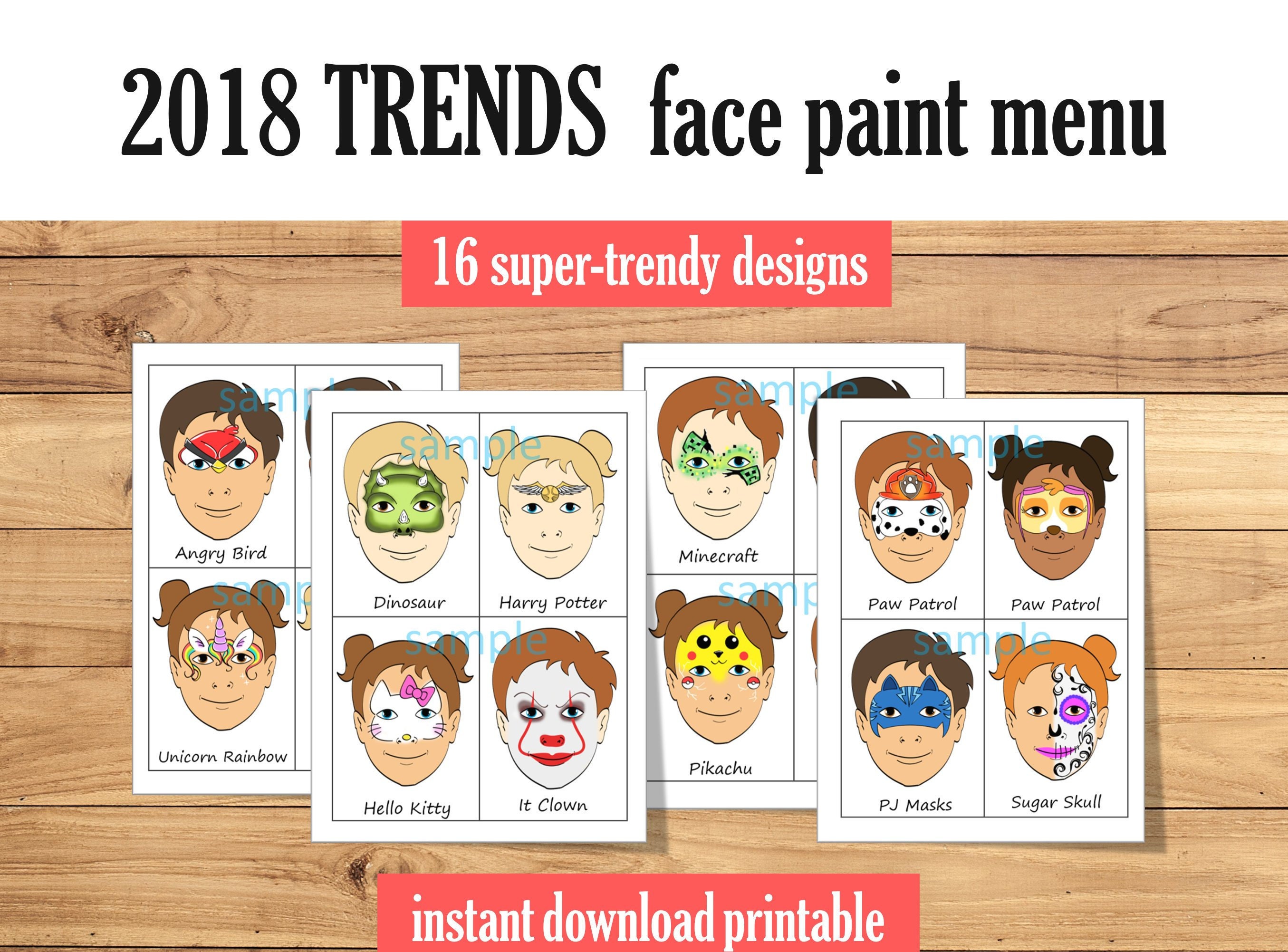 Face Paint Menu Board Pack of 16 Trendy Full Face or Half Etsy