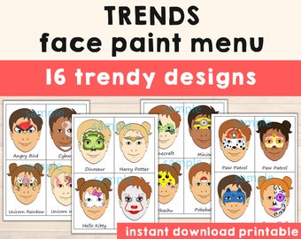 Face Painting Menu Board Choice Kids Paint - Pack of 16 Trendy Full Face or Half Face Designs - Digital Download Printable