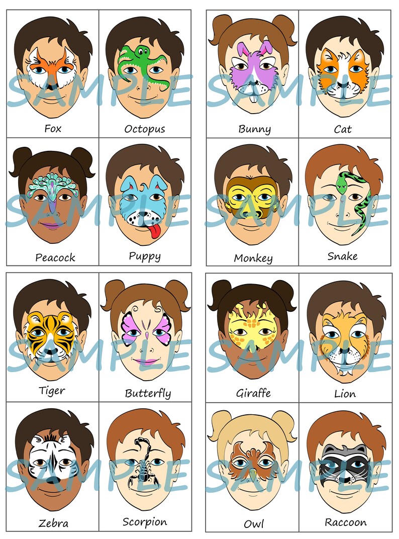 Face Paint Step by Step Tutorial for 16 Animals Full Face, Half Face or