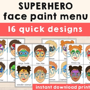Face Paint Menu Printable Cartoon Kids Choice Face Painting - Pack of 16 Superheroes Half Face or Partial Face Designs - Digital Download