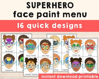 Face Paint Menu Printable Cartoon Kids Choice Face Painting - Pack of 16 Superheroes Half Face or Partial Face Designs - Digital Download