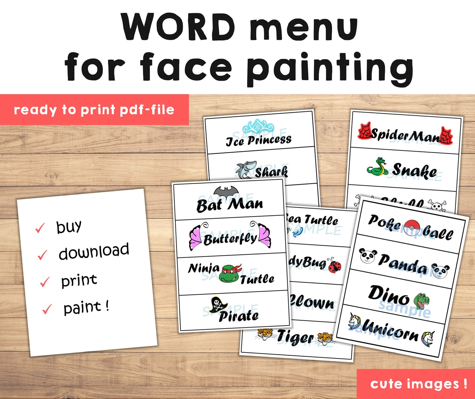 Face Paint Menu Word Board 20 Popular Designs Face Etsy