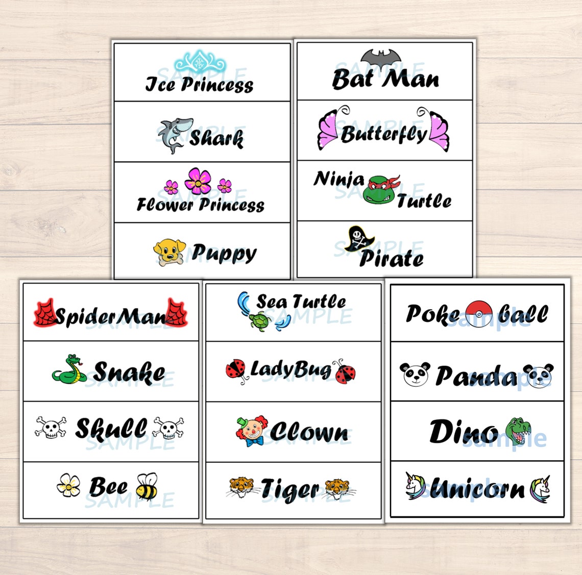 Face Paint Menu Word Board 20 Popular Designs Face Painting Choice Menu Cartoons Digital