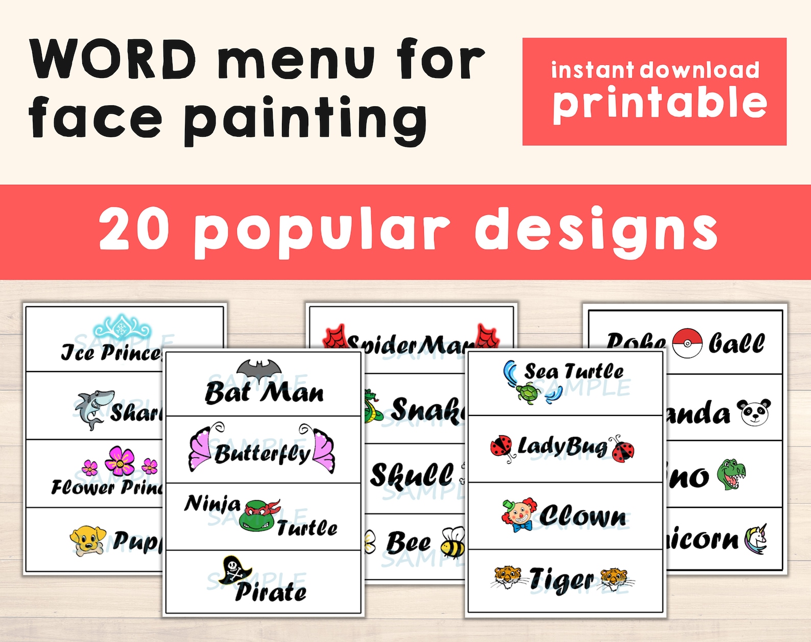 Face Paint Menu Word Board - 20 Popular Designs - Face Painting Choice ...