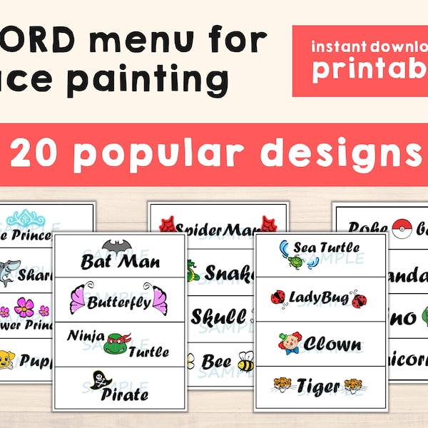 Face Paint Menu Word Board - 20 Popular Designs - Face Painting Choice menu Cartoons Digital Download - Printable PDF files Instant Download