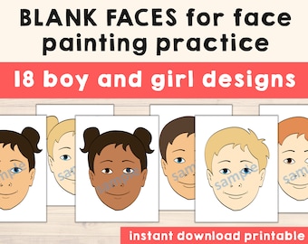 Face Paint blank faces for Practice - Pack of 18 Face Template Printable - Face Painting Menu Cartoon Images Drawings - Digital Download