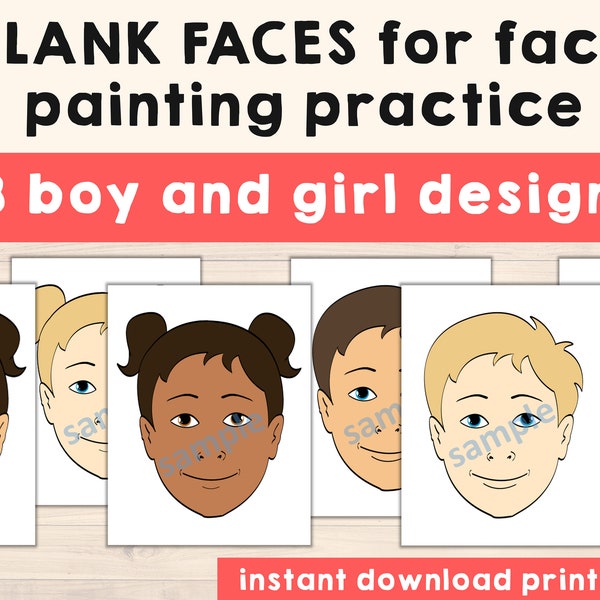 Face Paint blank faces for Practice - Pack of 18 Face Template Printable - Face Painting Menu Cartoon Images Drawings - Digital Download