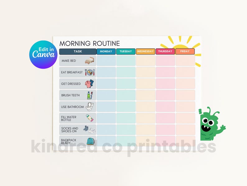 Editable Kids Morning Routine Chart | Visual Schedule Printable (canva ...