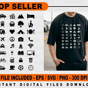 May include: A black short-sleeved t-shirt featuring a grid of white icons including a sun, car, mountain, bed, train, heart, tent, airplane, camera, phone, tools, music note, campfire, wifi, bicycle, coffee cup, soccer ball, and a clock.