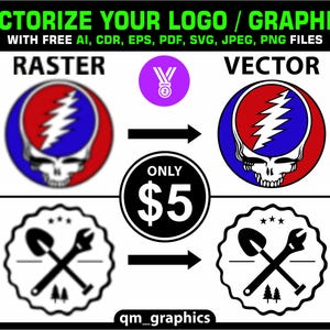 May include: A graphic design service advertisement titled VECTORIZE YOUR LOGO / GRAPHICS. It displays two examples of raster images converted to vector format: a red, white, and blue skull logo and a black and white badge with tools.