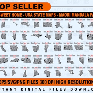 May include: A digital collection of 50 USA state maps featuring a black and white Maori mandala pattern. Each map is labeled with the text Home Sweet Home and the state name. The file set includes EPS, SVG, and PNG formats at 300 DPI resolution.