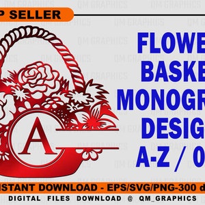 Könnte beinhalten: Eine digitale Grafik mit rotem Farbverlauf, die einen Blumenkorb mit einem zentralen kreisförmigen Monogrammrahmen zeigt, der den Buchstaben A enthält. Der Text FLOWER BASKET MONOGRAM DESIGN A-Z / 0-9 steht rechts in Blau.
