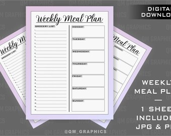 Weekly Meal Planner | Printable Menu Planner | Menu Planner with Grocery List | Weekly Planner Template | Minimal Meal Planner | JPEG | PDF