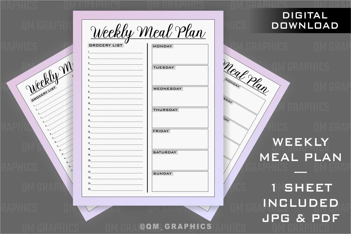 Weekly Meal Planner Printable Menu Planner Menu Planner With Grocery ...